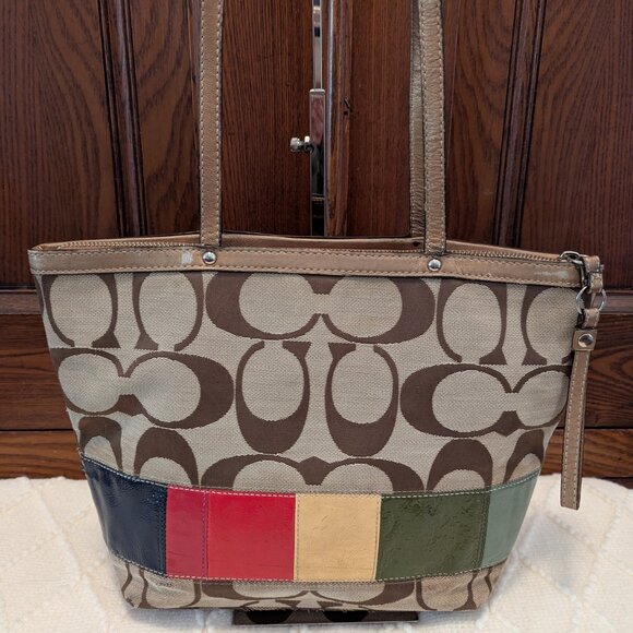 COACH Khaki Signature Legacy Rainbow Stripe Gold Leather Shoulder Tote F15588 - Picture 3 of 12